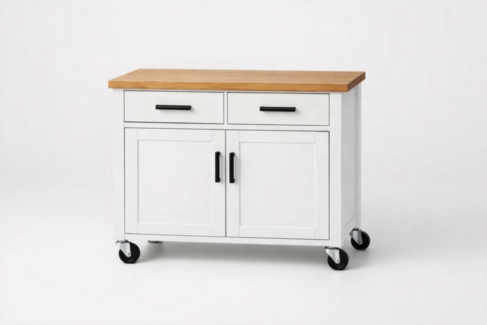 Küchenwagen aus MDF-Holz, Weiß, mit 2 Schubladen, 2 Türen und Rollen 80x45x90 cm(L × B × H)