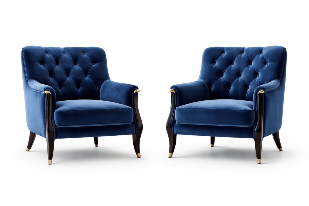 2er Set Samtsessel Blau mit Holzbeinen