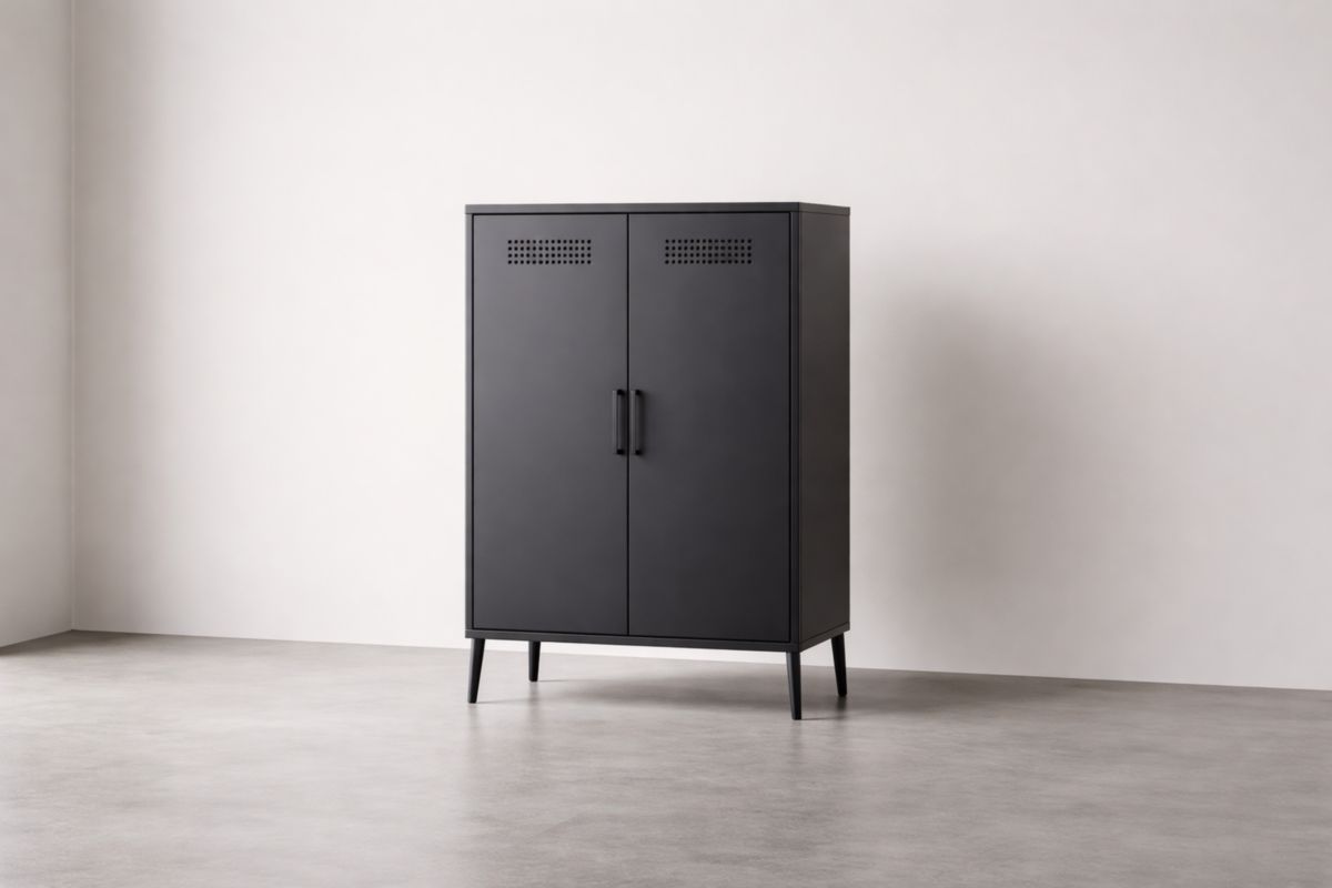 Schwarzer Metallschrank mit zwei Türen