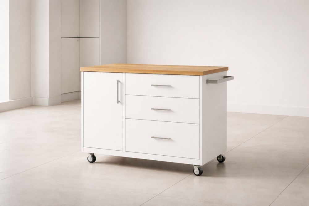 Küchenwagen mit Schubladen und Tür MDF Massivholz Weiß 90x45x80 cm