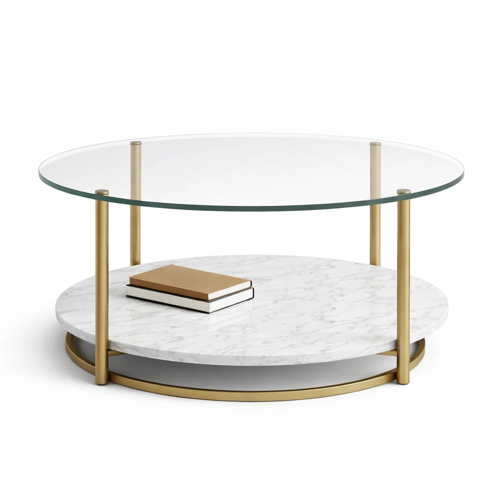 Runder Couchtisch mit Glasplatte und Marmorablage-Domnaro