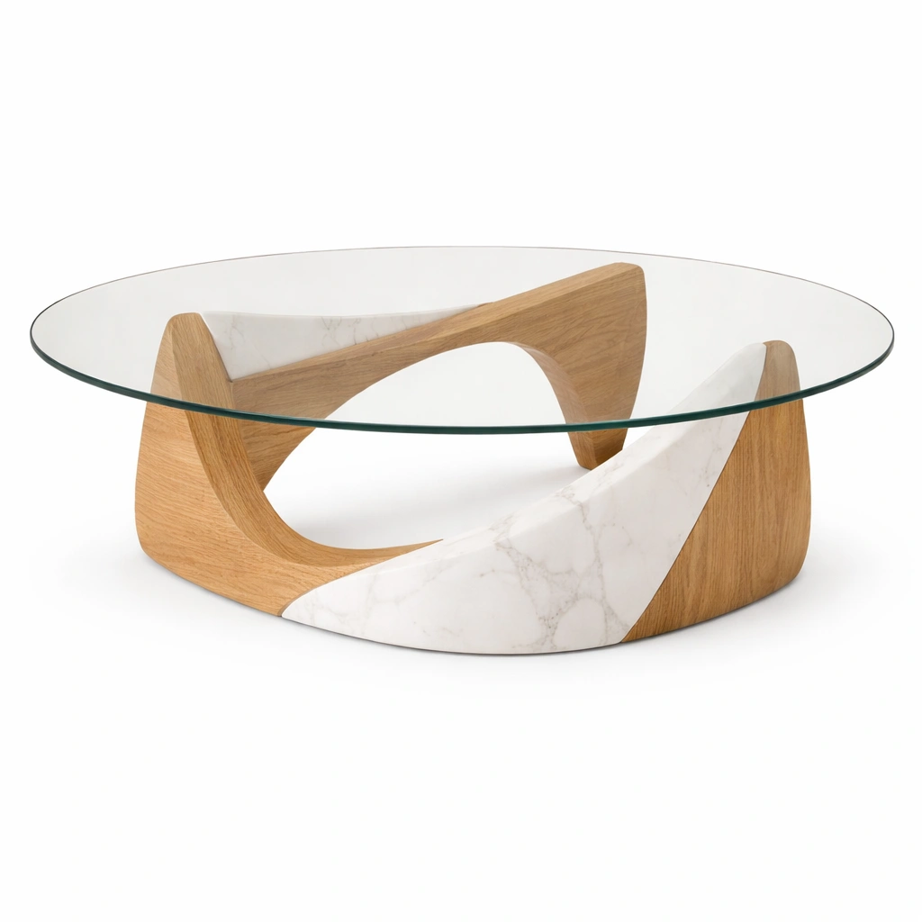 Designer Couchtisch mit Glasplatte und Holz Marmor Basis-Domnaro