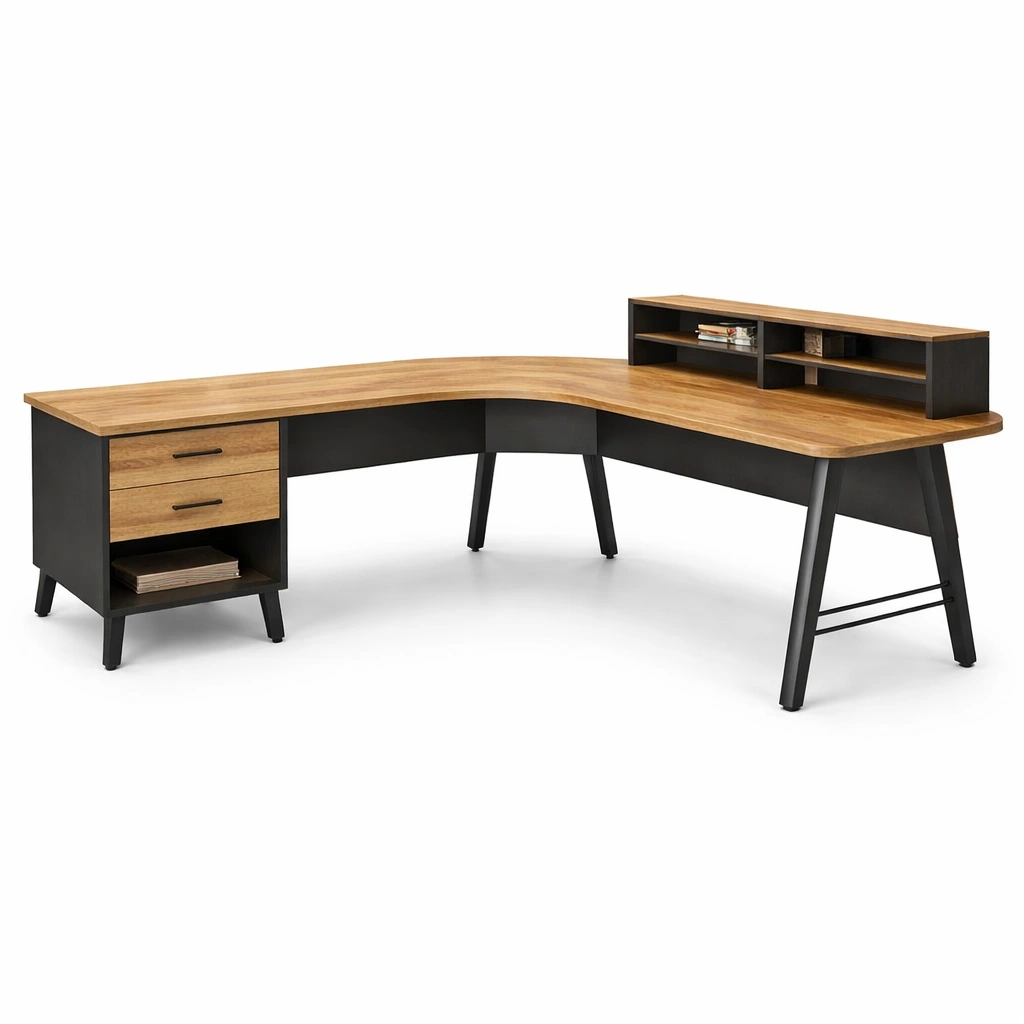 L foermiger Schreibtisch mit Ablage und Schubladen-Domnaro