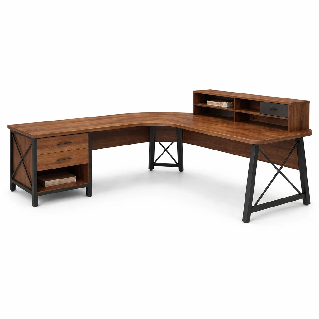 Industrieller Eckschreibtisch mit Regalaufsatz-Domnaro