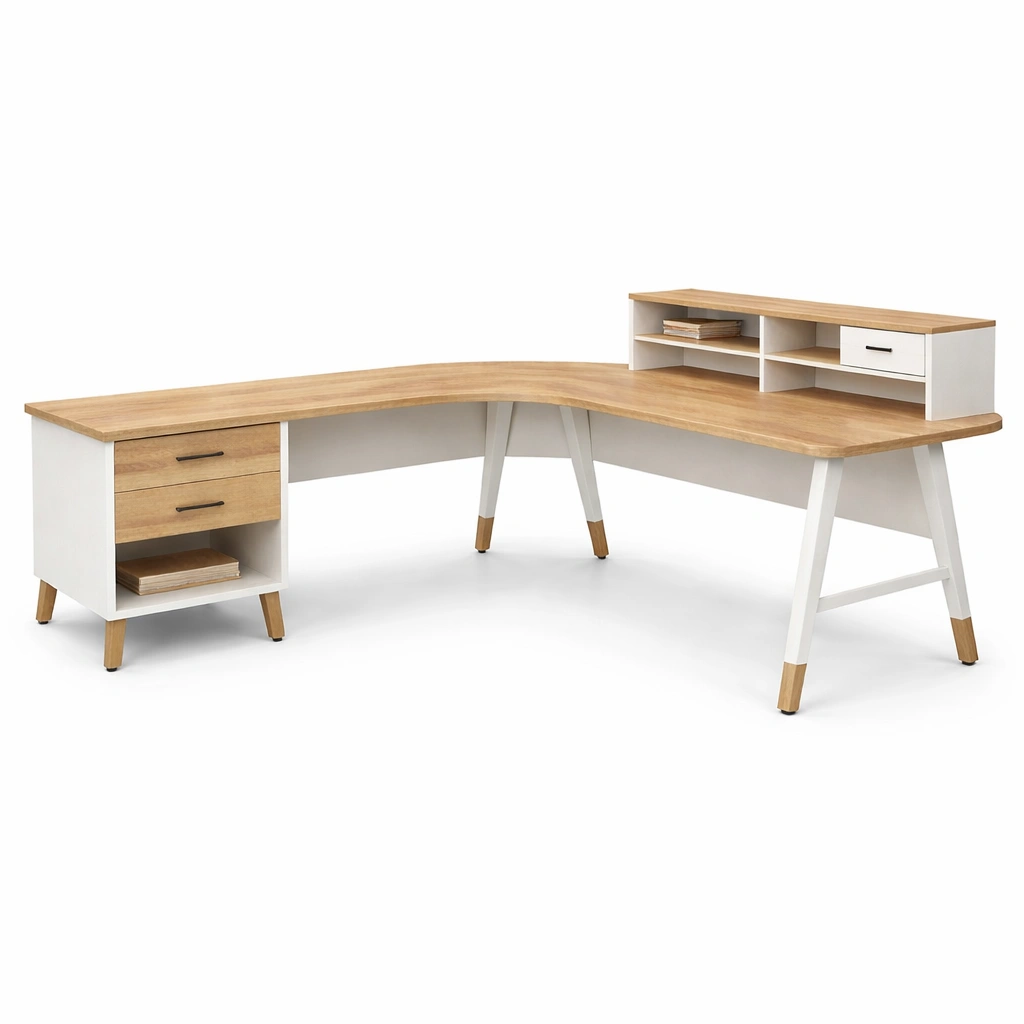 Skandinavischer Eckschreibtisch mit Stauraum und Aufsatz-Domnaro