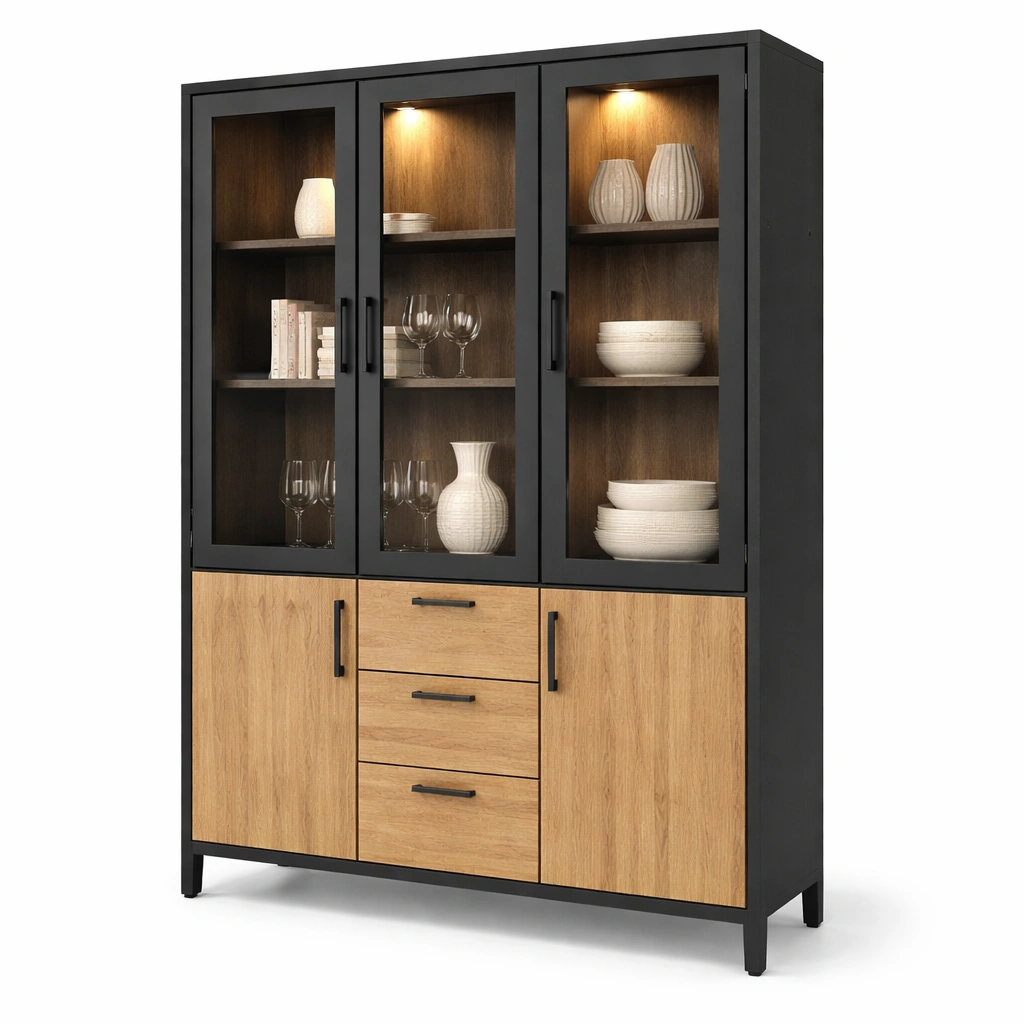 Grosse Vitrine mit Glasfront und Holz Metall Kombination-Domnaro