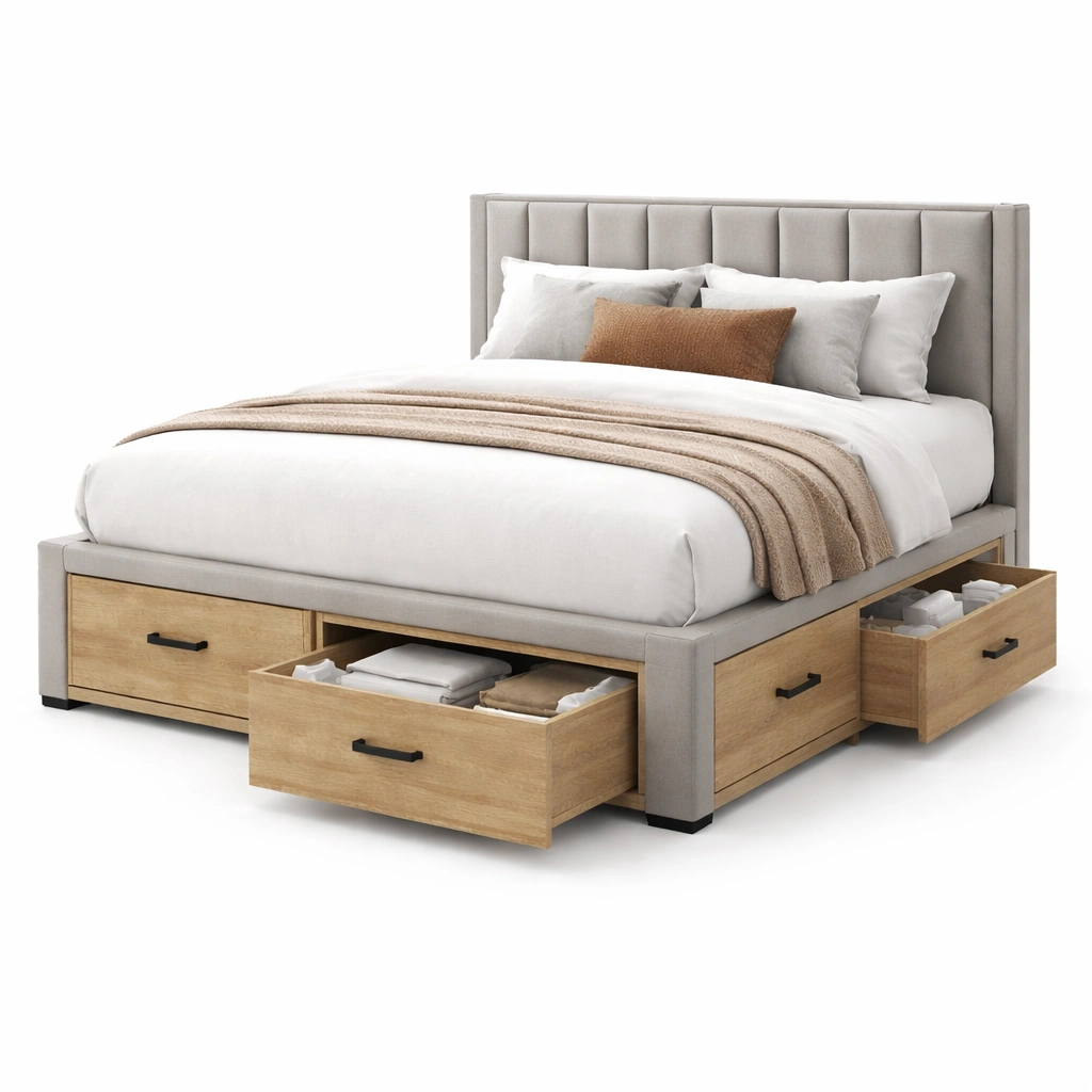 Stauraumbett mit Schubladen Stoff Grau Holzoptik-