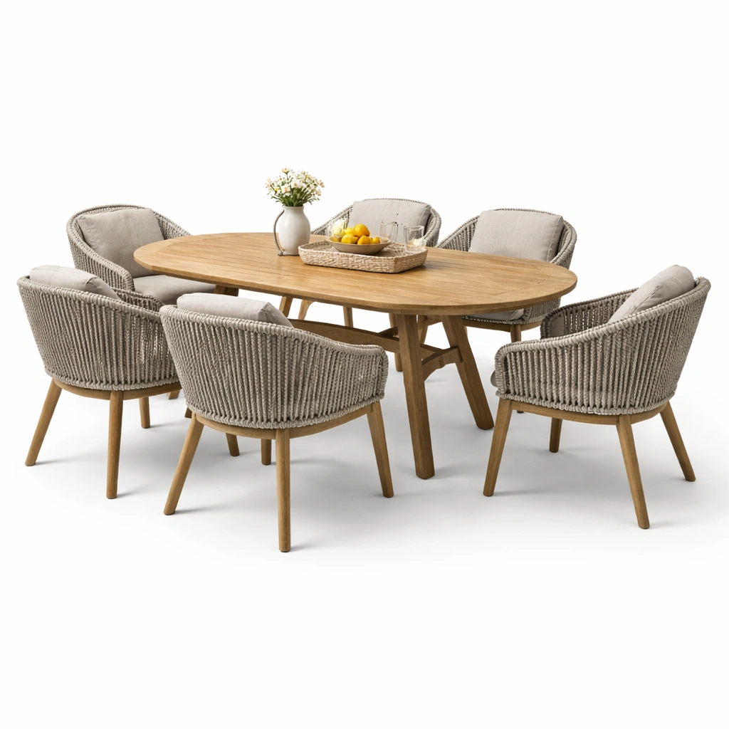 Outdoor Essgruppe Holz Optik mit Seilgeflecht 6 Sitzplaetze-
