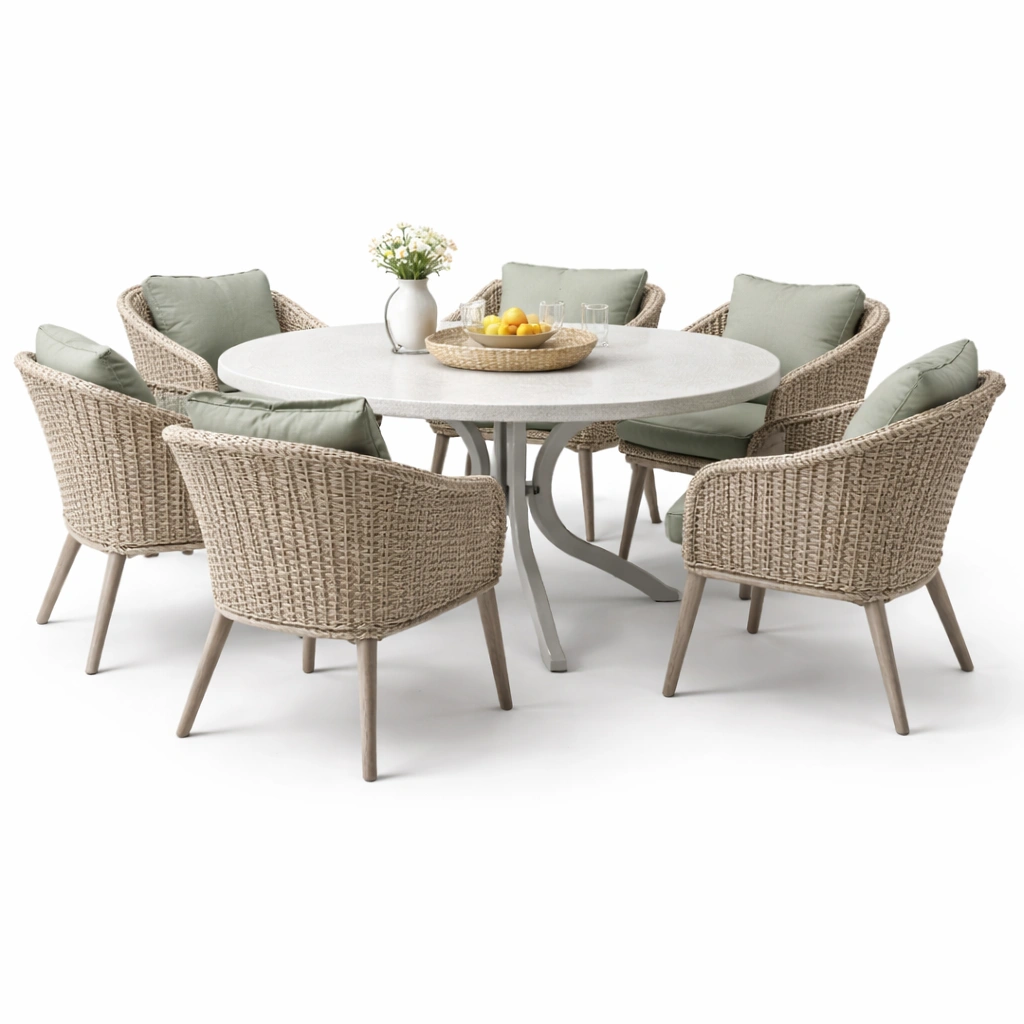 Outdoor Essgruppe Rund Tisch Beige Geflecht 6 Sitzplaetze-
