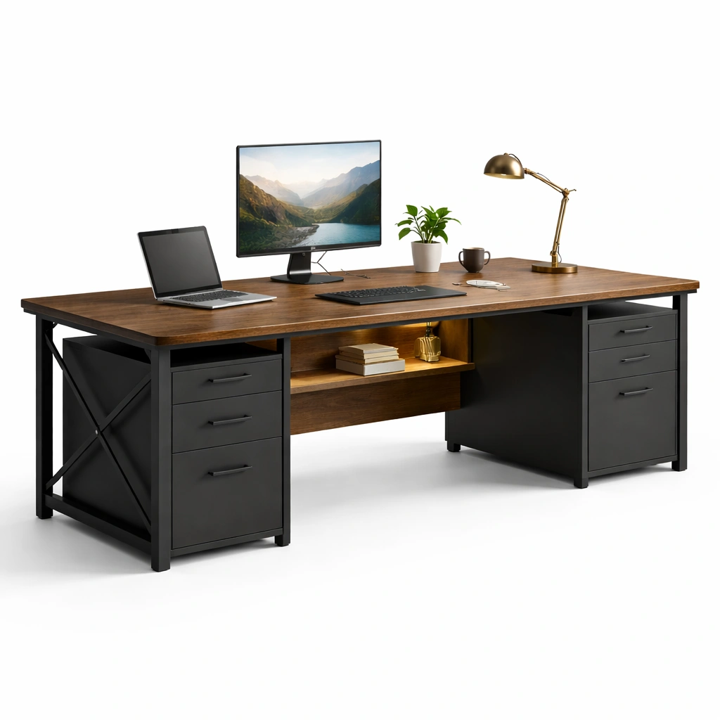 Schreibtisch Modern Holz Braun Schwarz mit Schubladen und Ablage-