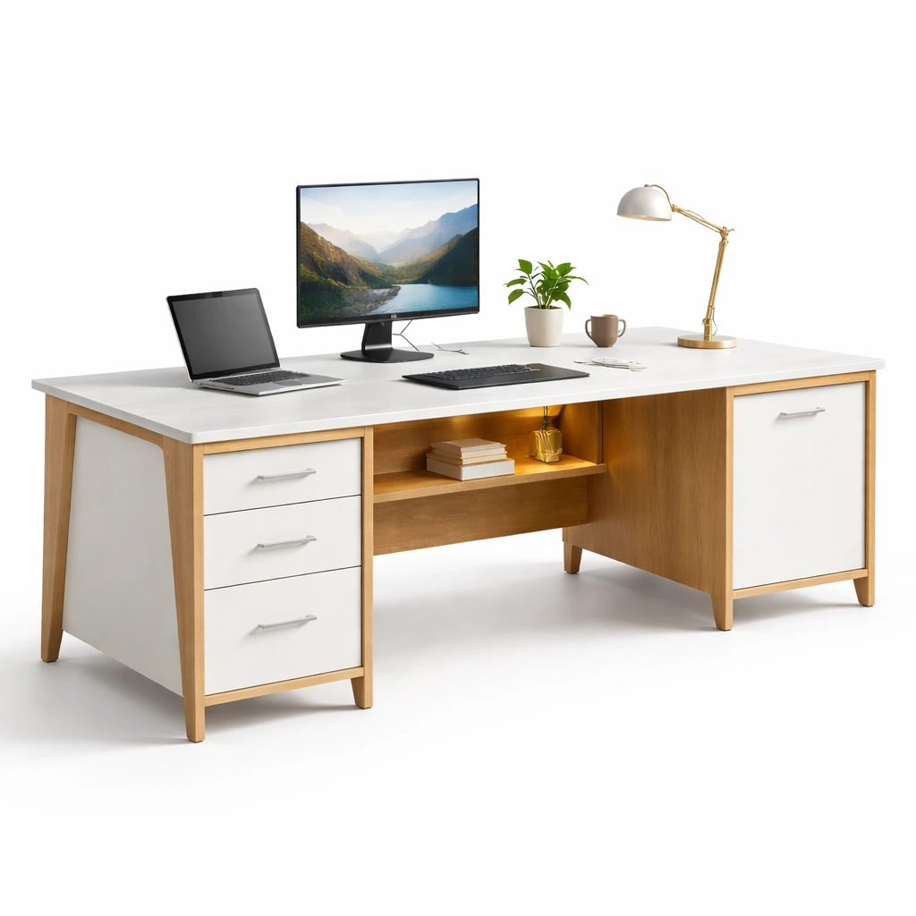 Schreibtisch Modern Weiss Holz mit Stauraum und Ablage-