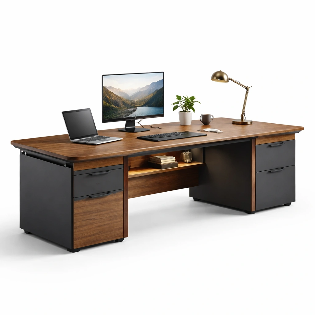 Schreibtisch Holz Dunkelbraun Schwarz mit Schubladen-