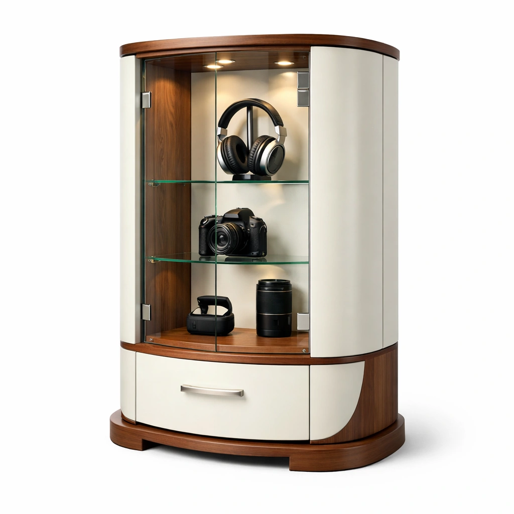 Vitrine Modern Holz Braun Weiss mit Glas und Beleuchtung-