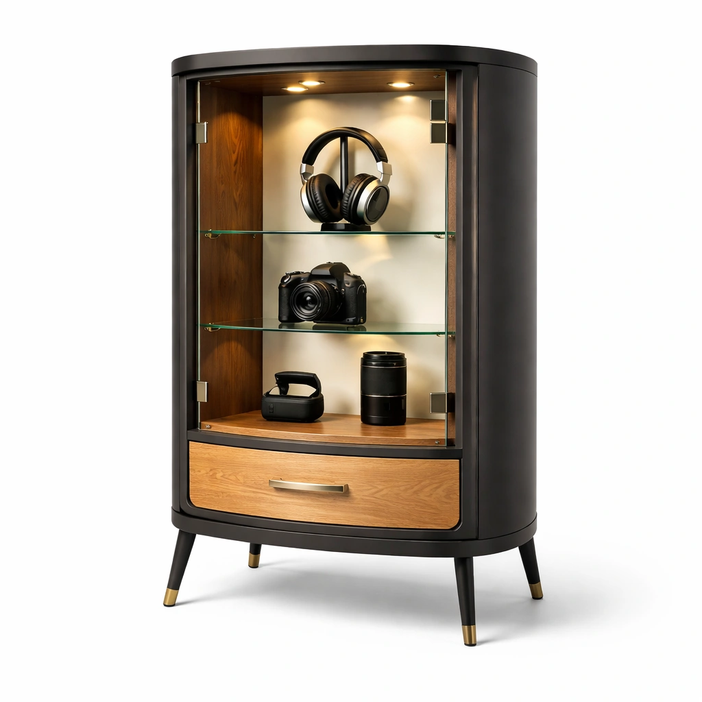 Vitrine Modern Schwarz Holz mit Glas und Beleuchtung-