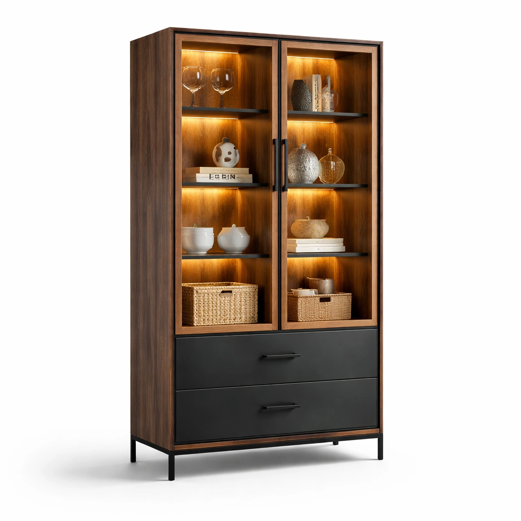 Vitrine Gross Holz Braun Schwarz mit Glas und LED-