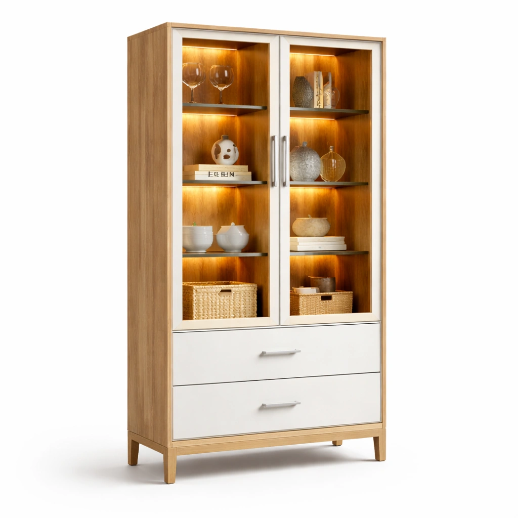 Vitrine Holz Hell Weiss mit Glas und Beleuchtung-