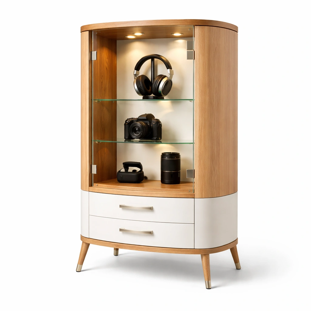 Vitrine Rund Holz Hell Weiss mit Glas Modern-