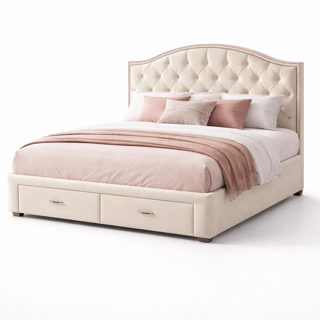 Cama tapizada con cabecero capitone y cajones integrados-Olvuno