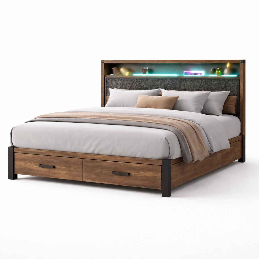 Cama de madera con cabecero iluminado y almacenamiento-Olvuno