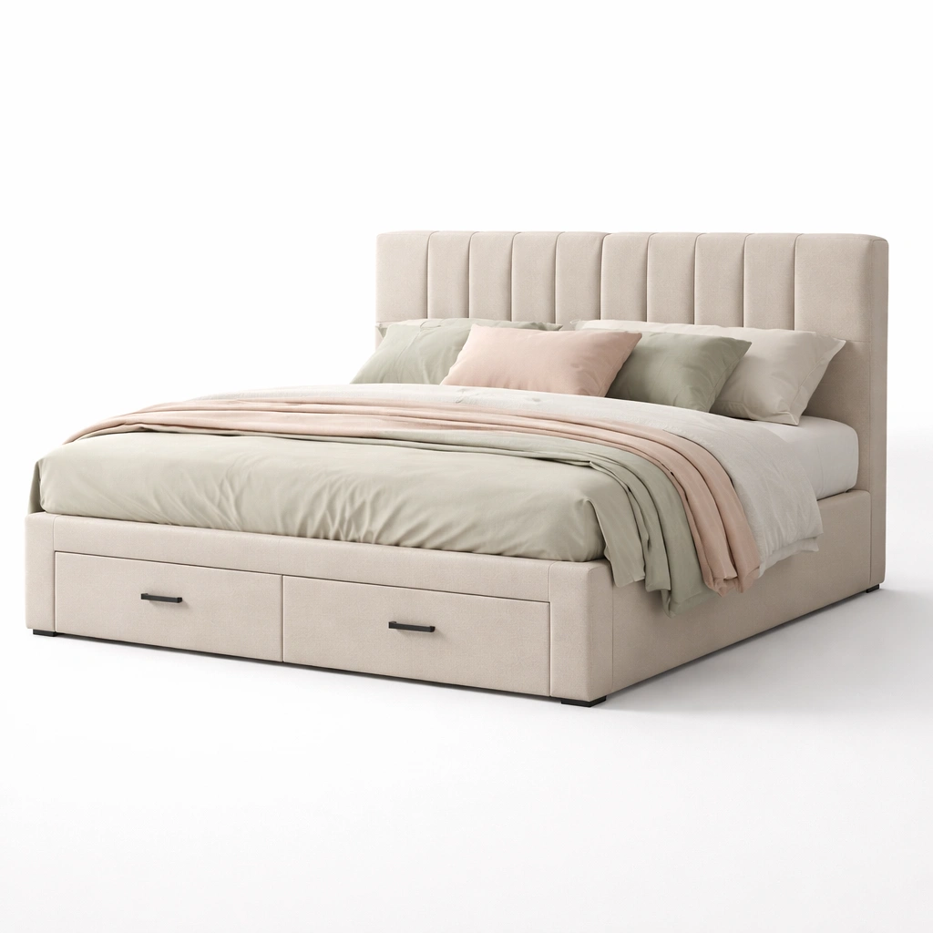 Cama tapizada minimalista con cajones inferiores-Olvuno