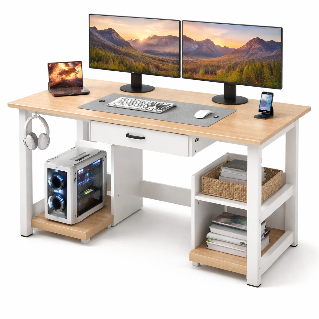 Escritorio moderno con doble monitor y almacenamiento lateral-Olvuno