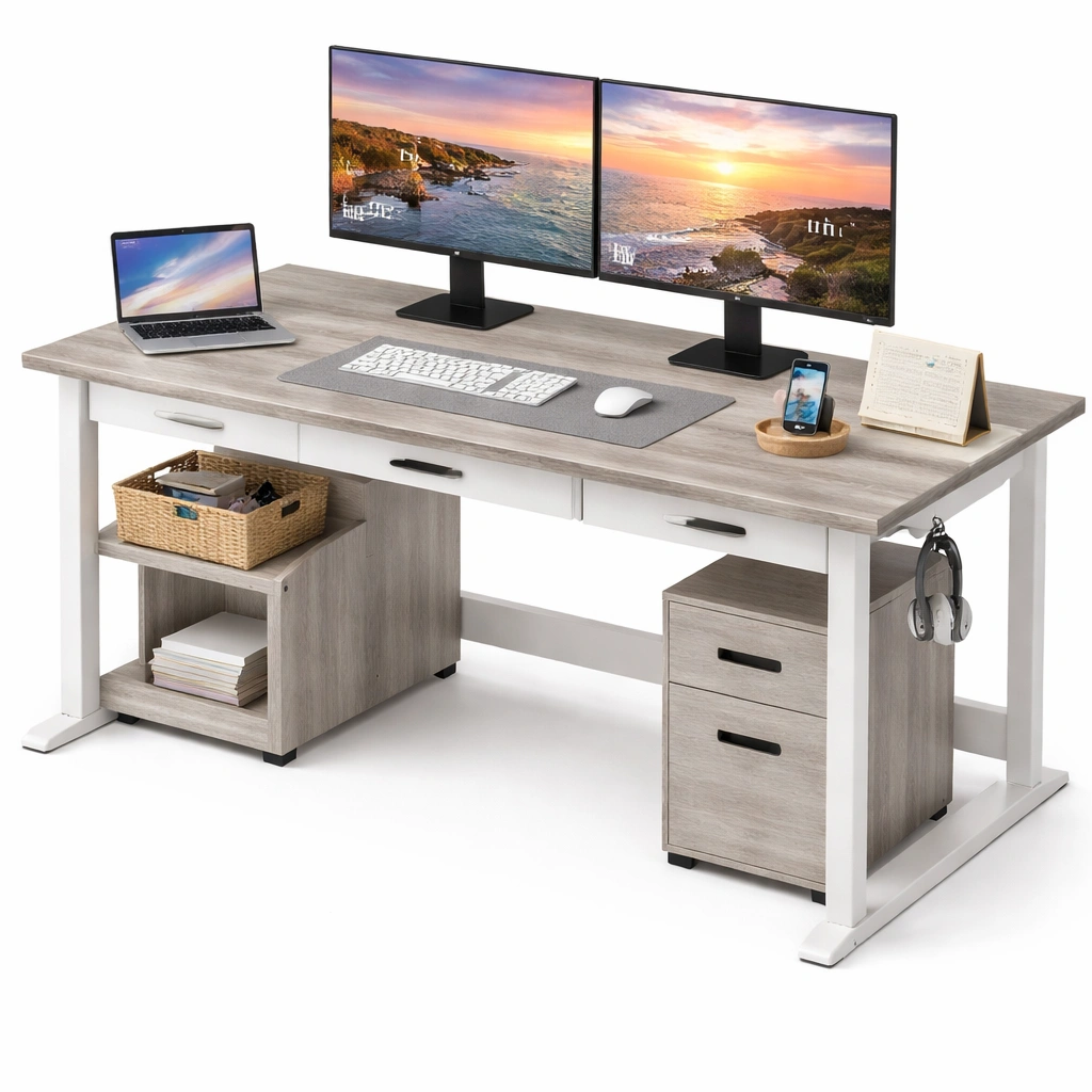 Escritorio grande con almacenamiento integrado y cajones-Olvuno