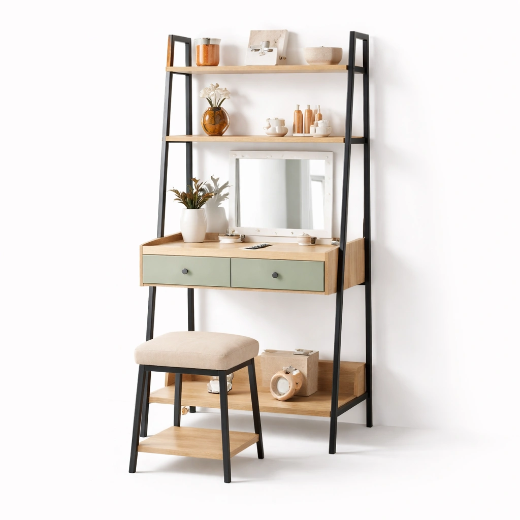 Tocador moderno con estantes y espejo integrado-Olvuno