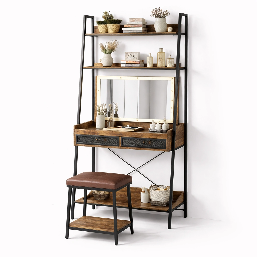 Tocador estilo industrial con almacenamiento y espejo-Olvuno