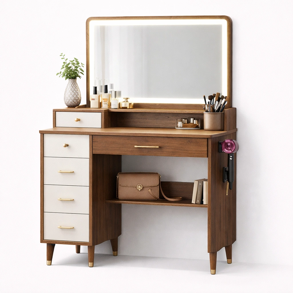 Tocador con espejo iluminado y multiples cajones-Olvuno