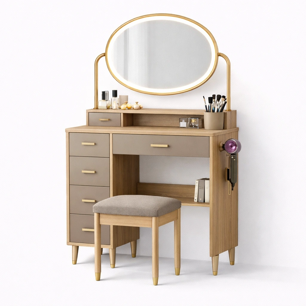 Tocador con espejo ovalado y taburete incluido-Olvuno