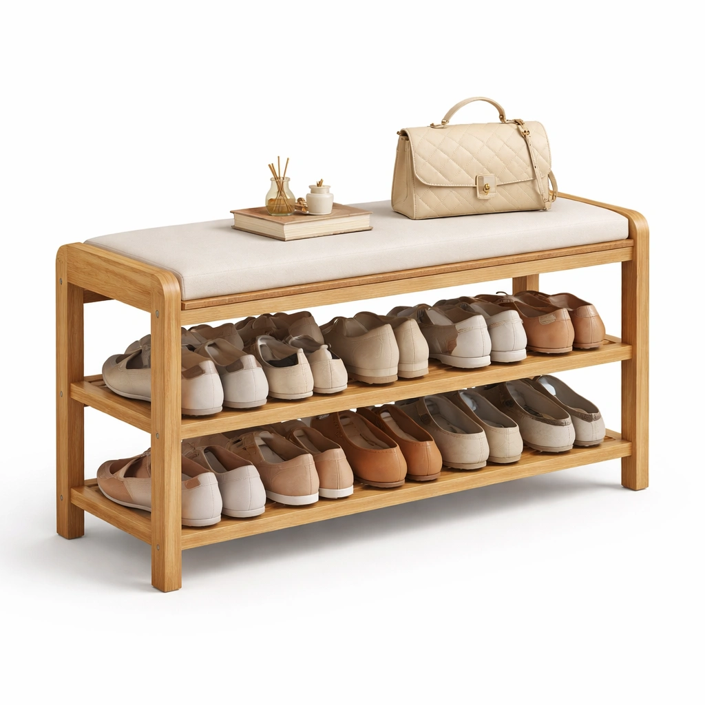 Banco zapatero de madera con estantes abiertos-Olvuno