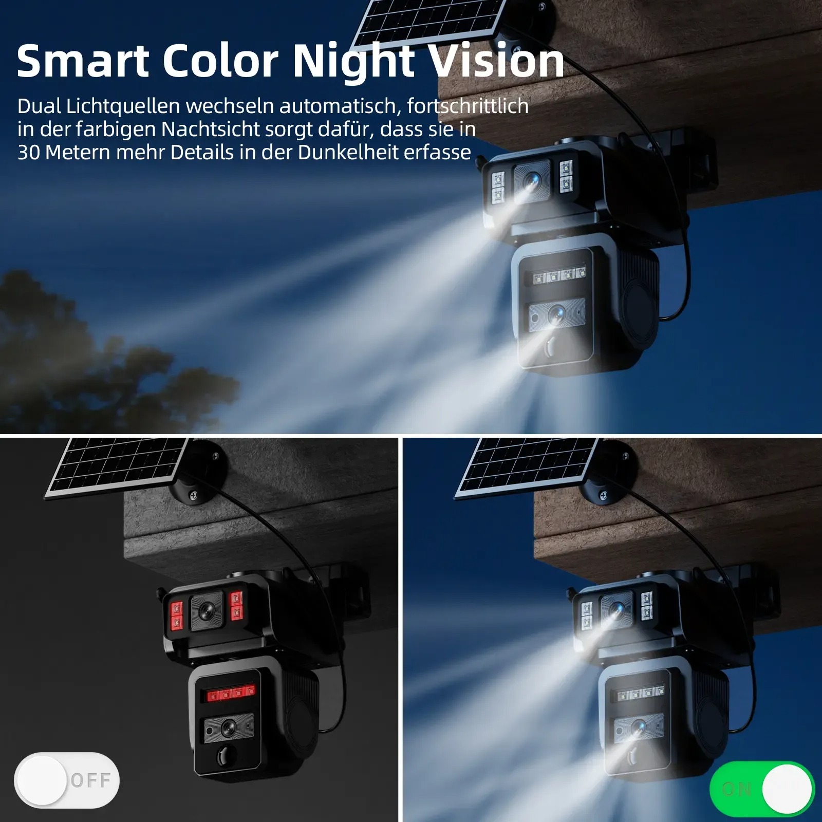 Cámara de seguridad solar WiFi con foco 1080P HD Imagen clara PlR Detección de movimiento Visión nocturna en color Cámara de seguridad inalámbrica resistente al agua negra Lentes duales sin callejones sin salida Seguimiento automático ofertas inalámbricas