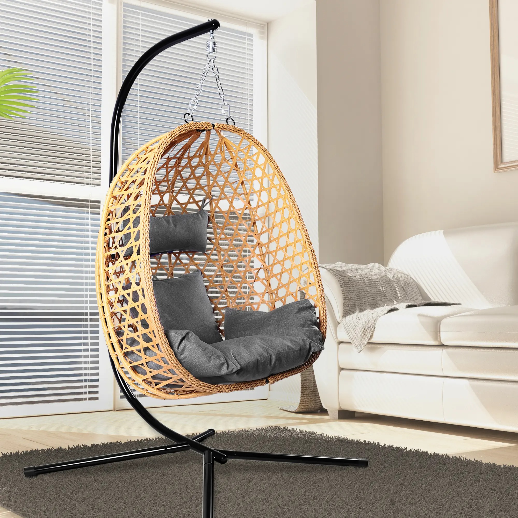 Sillón Colgante tipo Huevo para Patio – Diseño de Mimbre, ideal para uso en interiores y exteriores, soporta hasta 350 lb, incluye cojín para mayor comodidad.