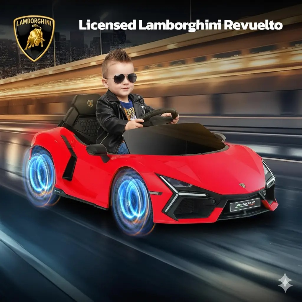 Coche eléctrico infantil Lamborghini de 12V con licencia oficial — Vehículo de juguete con puertas de tijera, control remoto Bluetooth, luces LED, reproductor MP3 y asiento ancho, ideal para niños y niñas de 3 a 6 años.