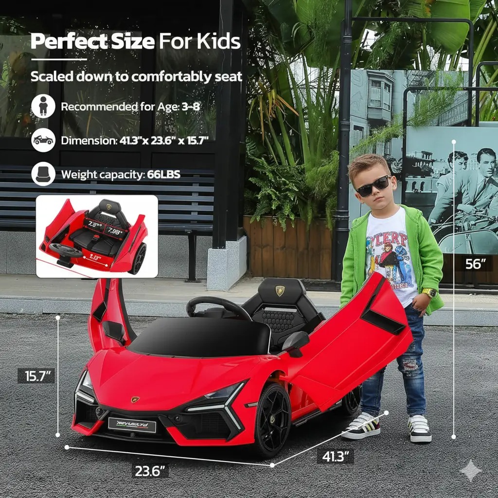 Coche eléctrico infantil Lamborghini de 12V con licencia oficial — Vehículo de juguete con puertas de tijera, control remoto Bluetooth, luces LED, reproductor MP3 y asiento ancho, ideal para niños y niñas de 3 a 6 años.