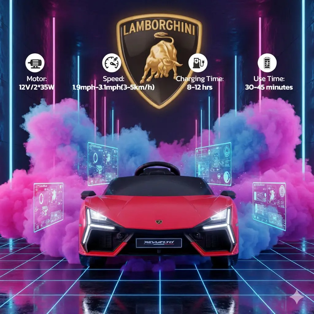 Coche eléctrico infantil Lamborghini de 12V con licencia oficial — Vehículo de juguete con puertas de tijera, control remoto Bluetooth, luces LED, reproductor MP3 y asiento ancho, ideal para niños y niñas de 3 a 6 años.