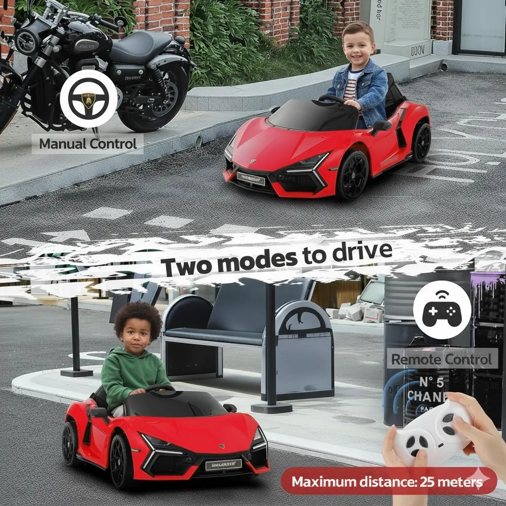 Coche eléctrico infantil Lamborghini de 12V con licencia oficial — Vehículo de juguete con puertas de tijera, control remoto Bluetooth, luces LED, reproductor MP3 y asiento ancho, ideal para niños y niñas de 3 a 6 años.