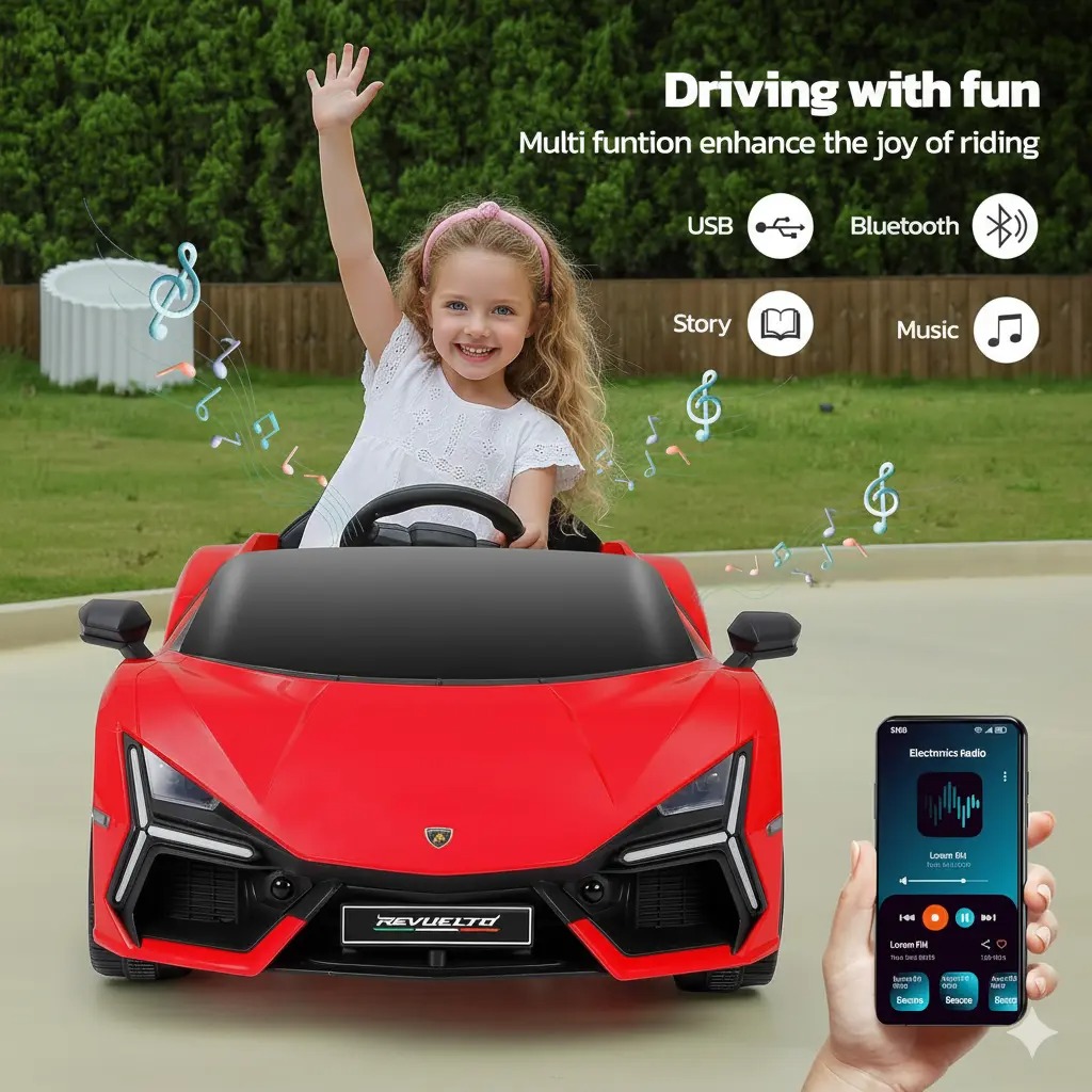 Coche eléctrico infantil Lamborghini de 12V con licencia oficial — Vehículo de juguete con puertas de tijera, control remoto Bluetooth, luces LED, reproductor MP3 y asiento ancho, ideal para niños y niñas de 3 a 6 años.