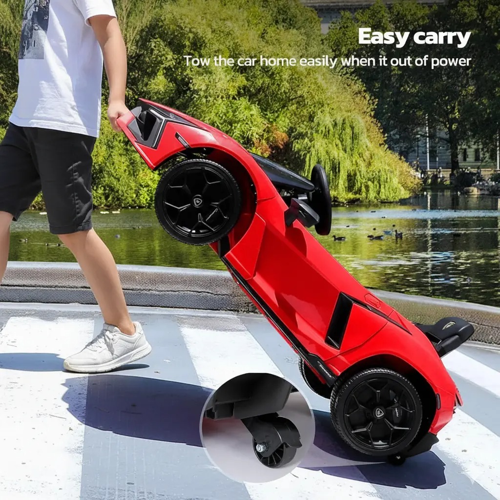 Coche eléctrico infantil Lamborghini de 12V con licencia oficial — Vehículo de juguete con puertas de tijera, control remoto Bluetooth, luces LED, reproductor MP3 y asiento ancho, ideal para niños y niñas de 3 a 6 años.