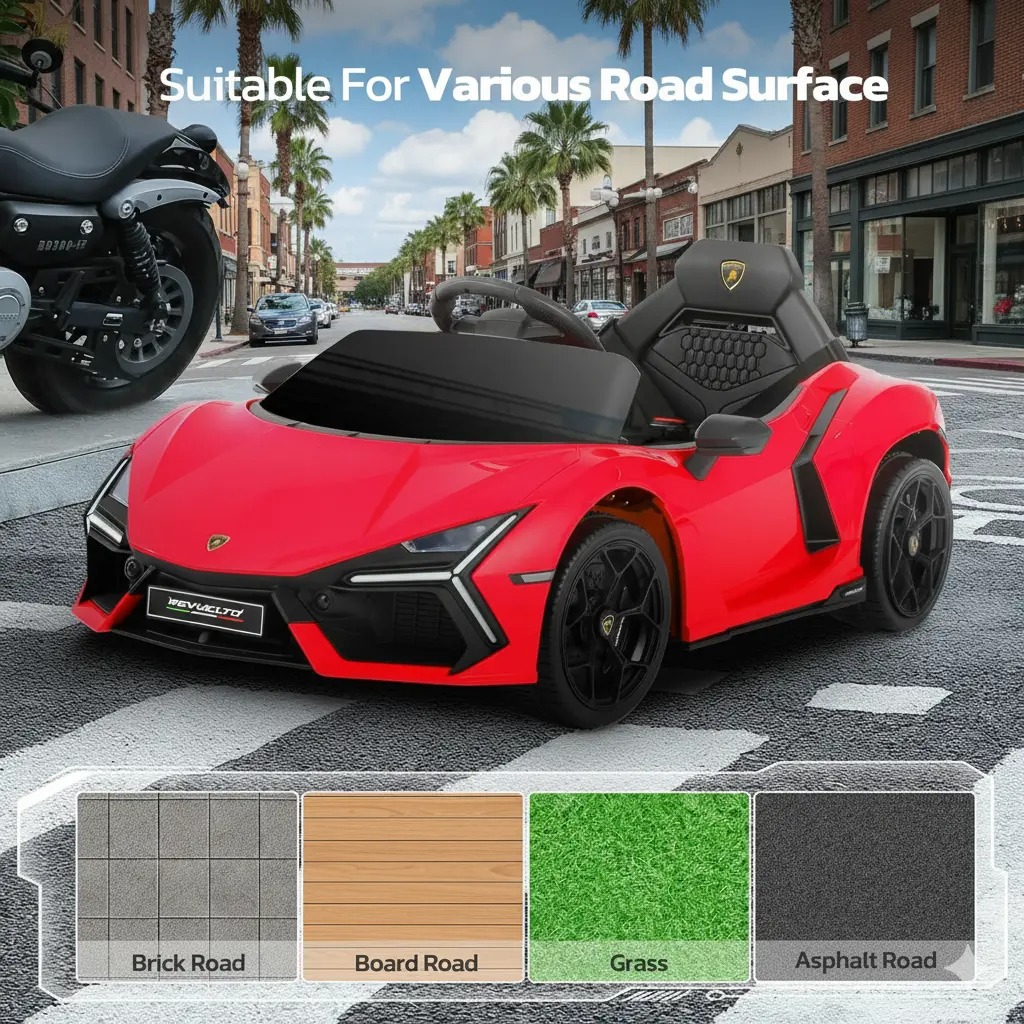 Coche eléctrico infantil Lamborghini de 12V con licencia oficial — Vehículo de juguete con puertas de tijera, control remoto Bluetooth, luces LED, reproductor MP3 y asiento ancho, ideal para niños y niñas de 3 a 6 años.