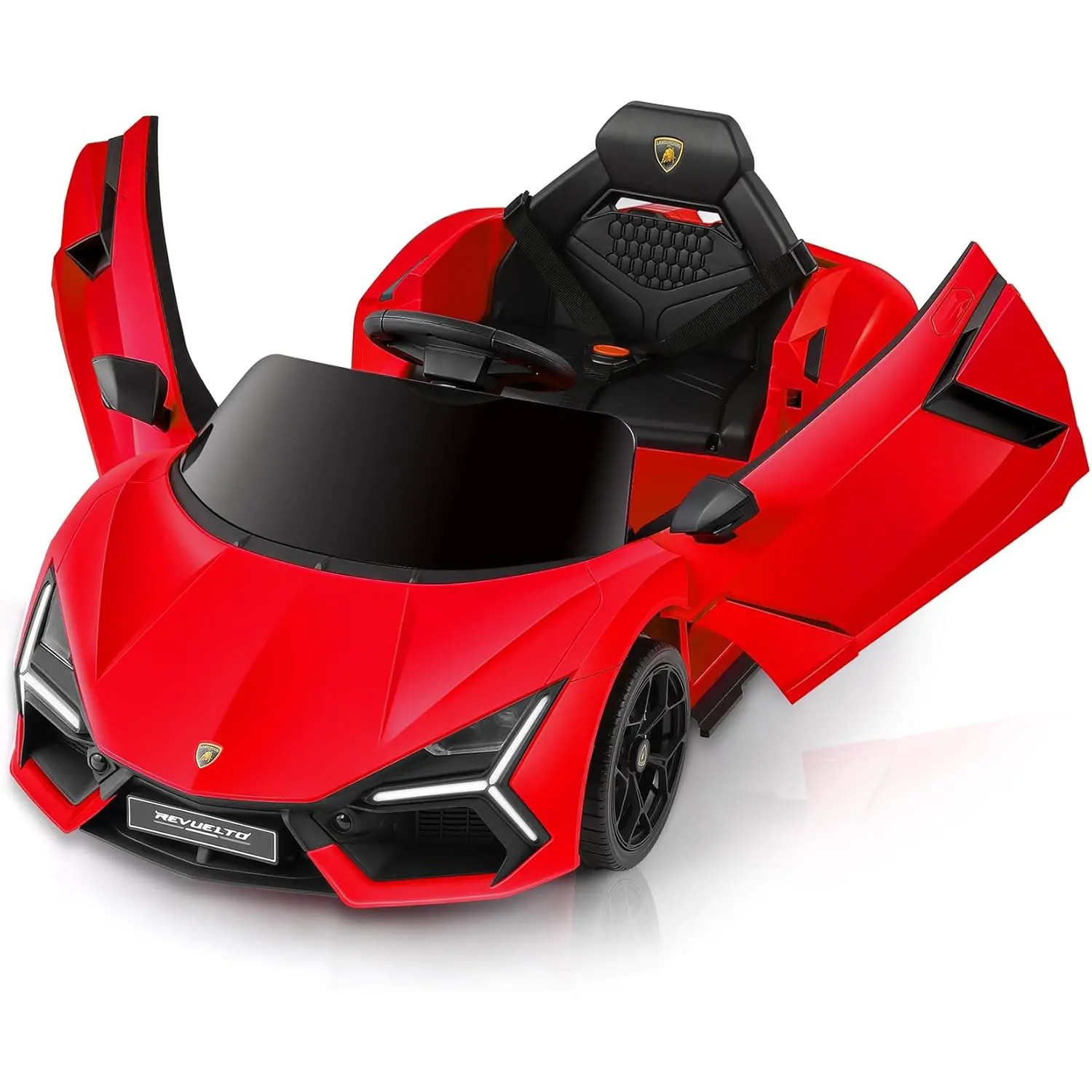 Coche eléctrico infantil Lamborghini de 12V con licencia oficial — Vehículo de juguete con puertas de tijera, control remoto Bluetooth, luces LED, reproductor MP3 y asiento ancho, ideal para niños y niñas de 3 a 6 años.
