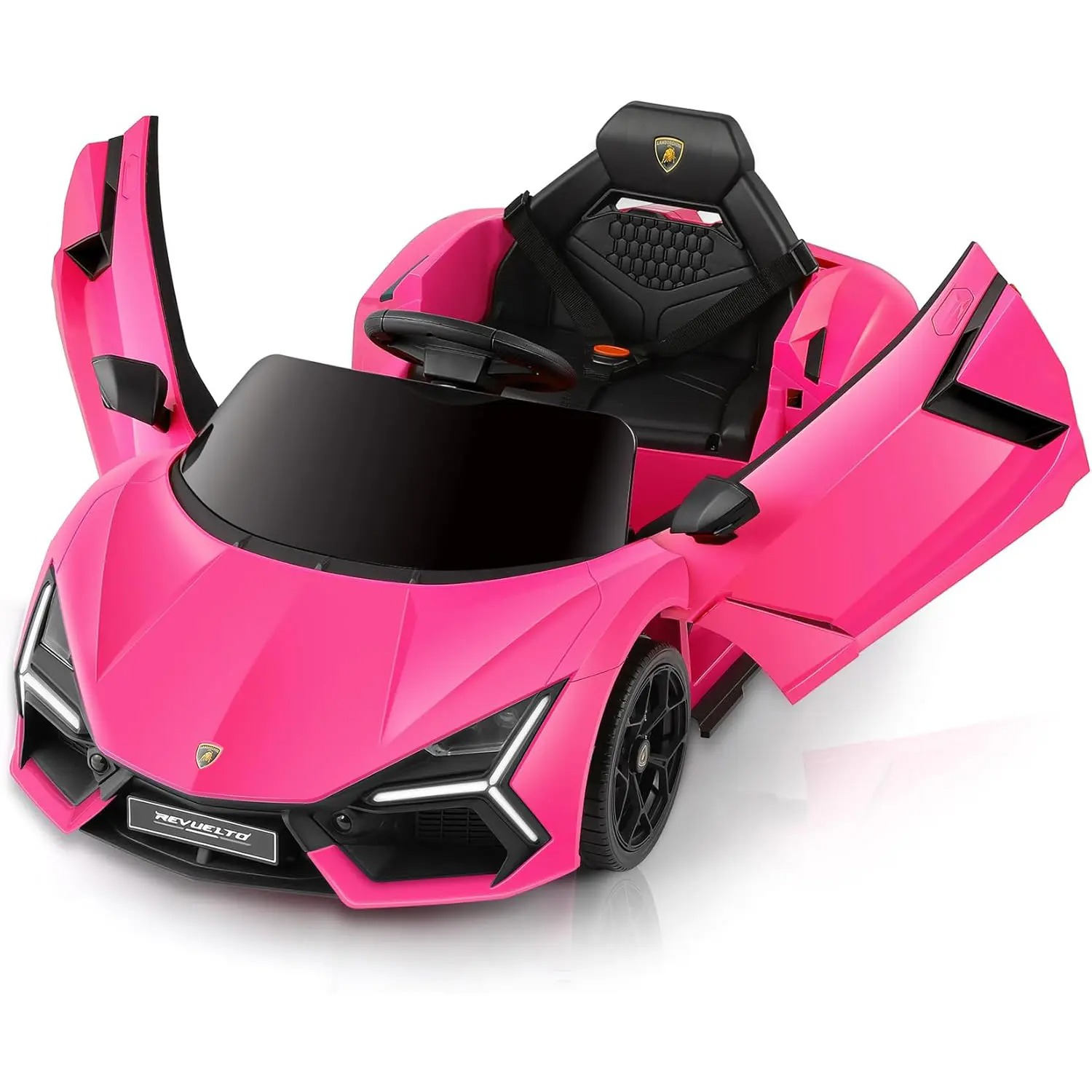 Coche eléctrico infantil Lamborghini de 12V con licencia oficial — Vehículo de juguete con puertas de tijera, control remoto Bluetooth, luces LED, reproductor MP3 y asiento ancho, ideal para niños y niñas de 3 a 6 años.