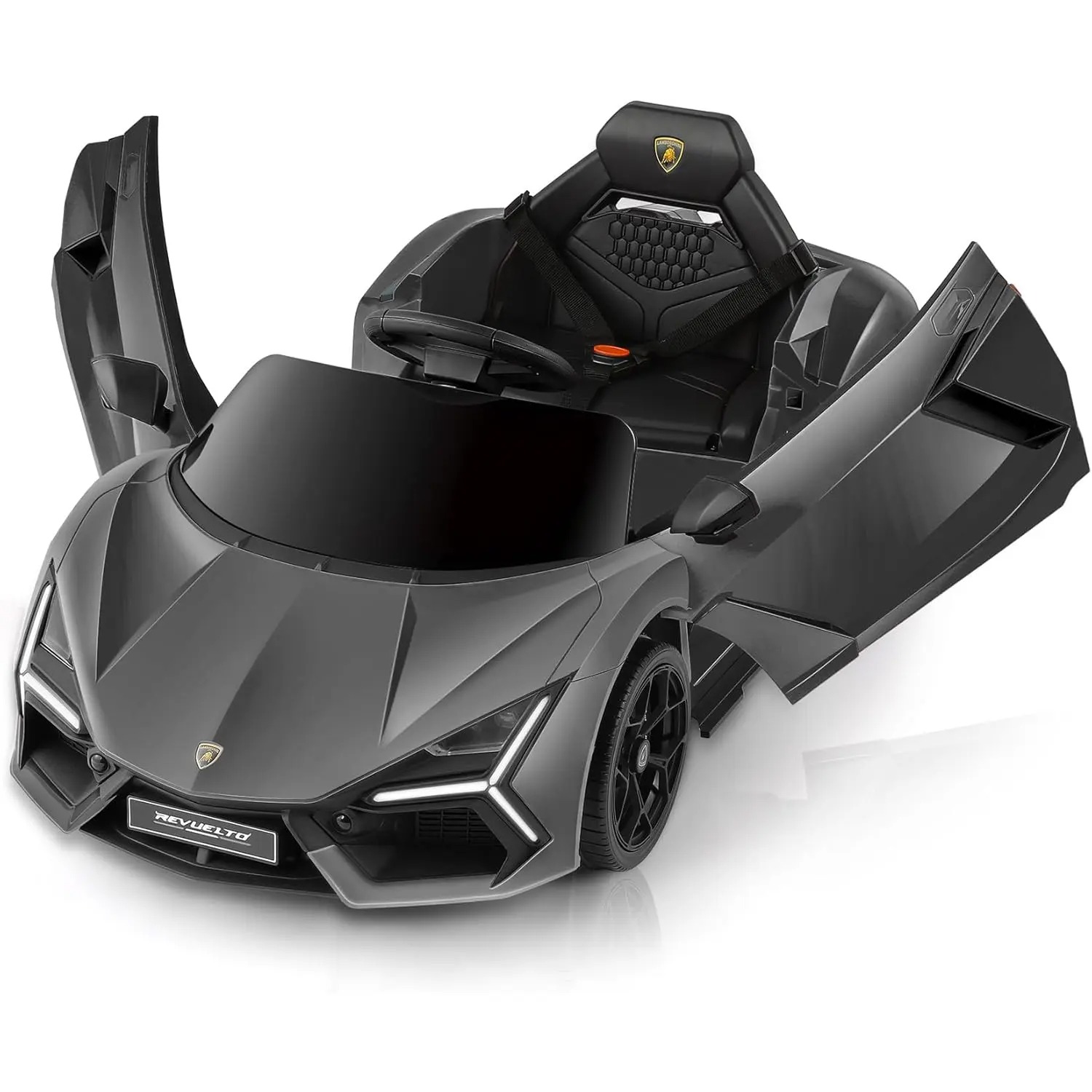 Coche eléctrico infantil Lamborghini de 12V con licencia oficial — Vehículo de juguete con puertas de tijera, control remoto Bluetooth, luces LED, reproductor MP3 y asiento ancho, ideal para niños y niñas de 3 a 6 años.