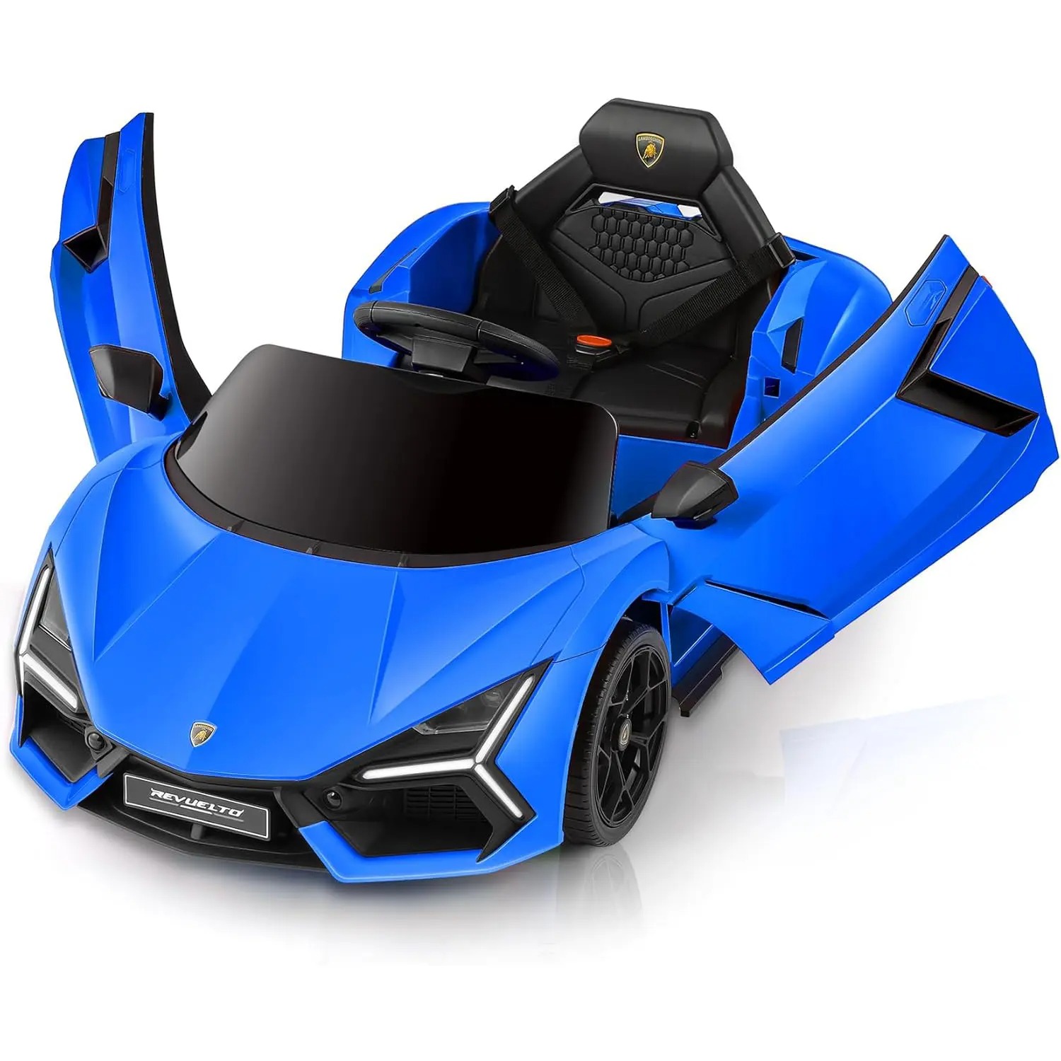 Coche eléctrico infantil Lamborghini de 12V con licencia oficial — Vehículo de juguete con puertas de tijera, control remoto Bluetooth, luces LED, reproductor MP3 y asiento ancho, ideal para niños y niñas de 3 a 6 años.