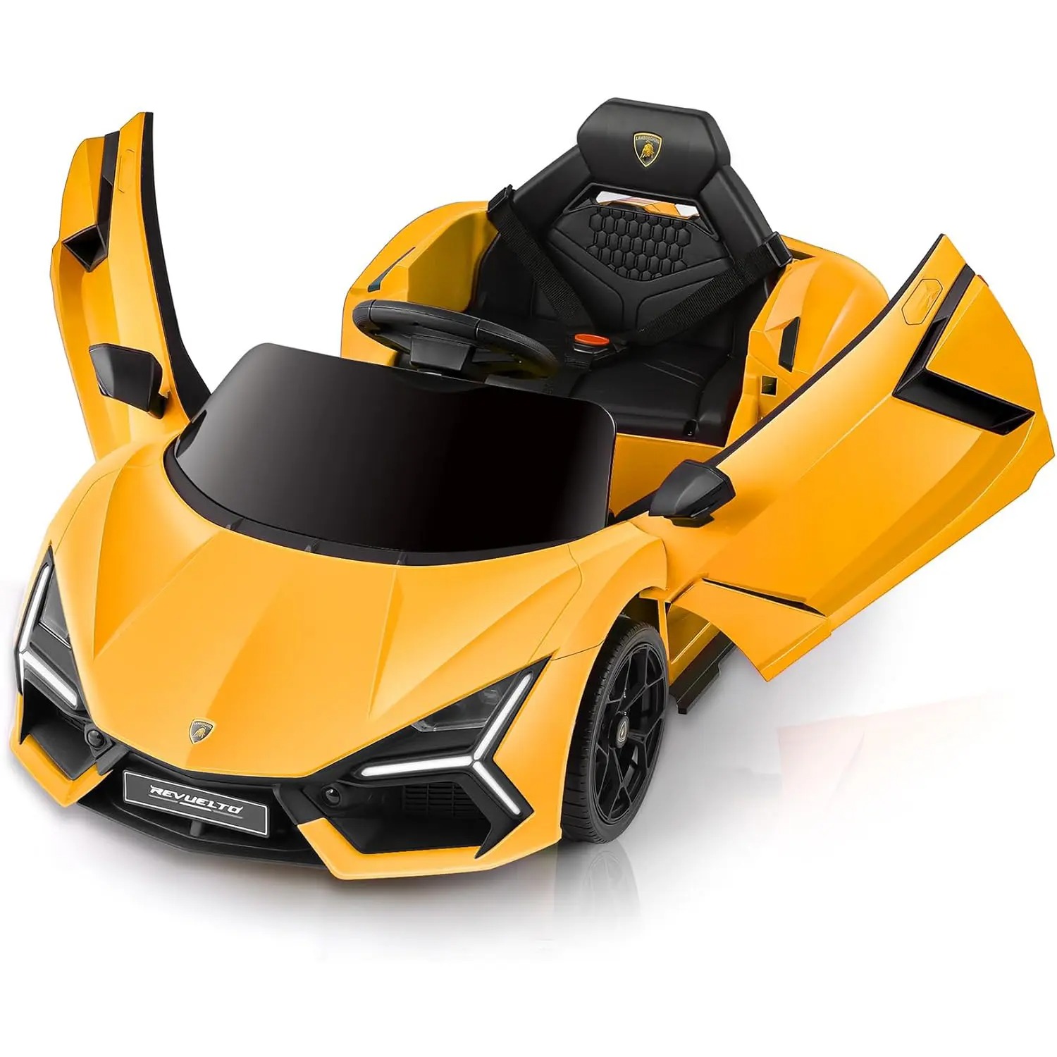Coche eléctrico infantil Lamborghini de 12V con licencia oficial — Vehículo de juguete con puertas de tijera, control remoto Bluetooth, luces LED, reproductor MP3 y asiento ancho, ideal para niños y niñas de 3 a 6 años.