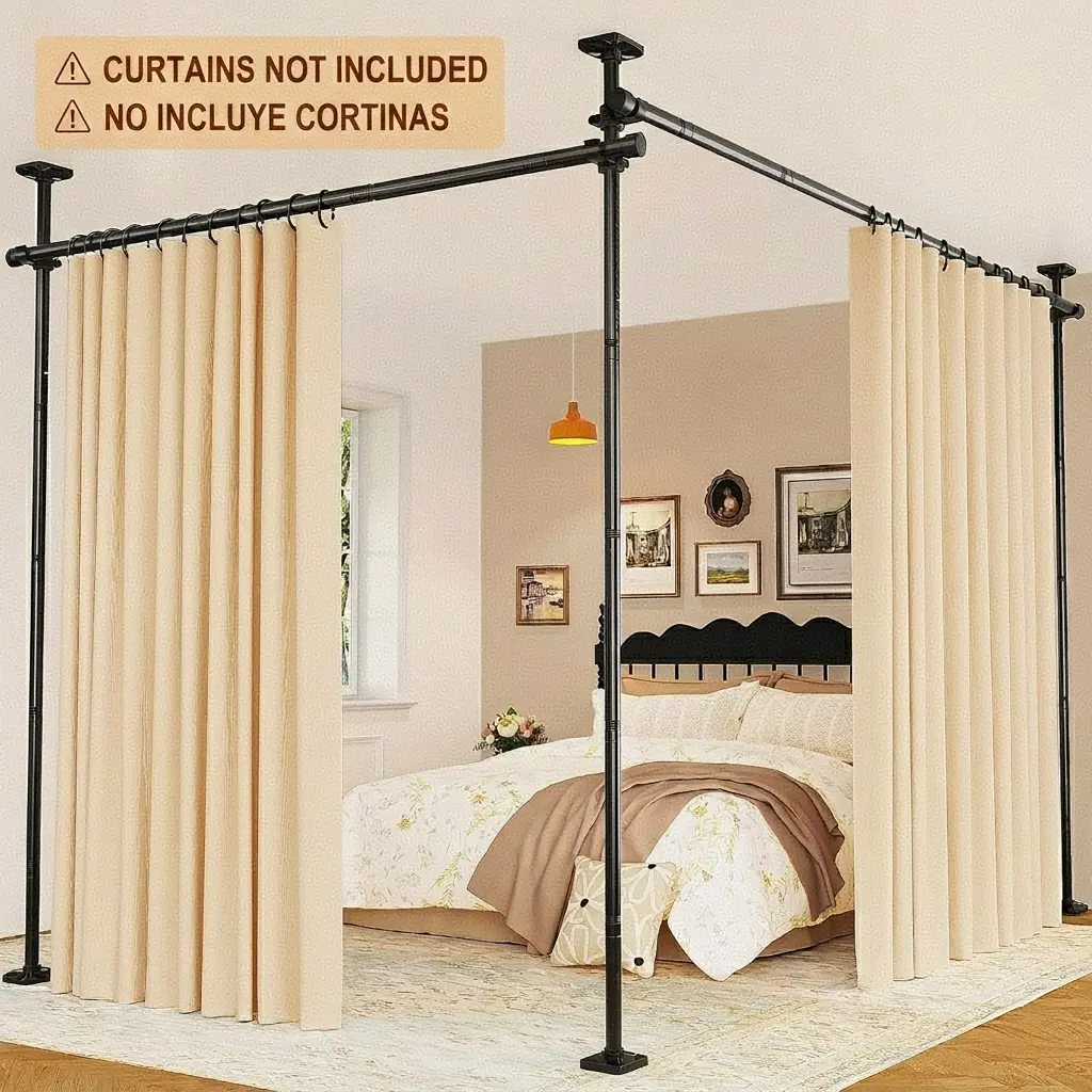 Barra ajustable para cortina divisoria de ambientes — Estructura de tensión para separar dormitorios (sin taladros) — Divisor de espacios independiente para separar habitaciones — Altura: 1,2–3 m (4–10 pies) — Ancho: 71–290 cm (28–114 pulgadas)