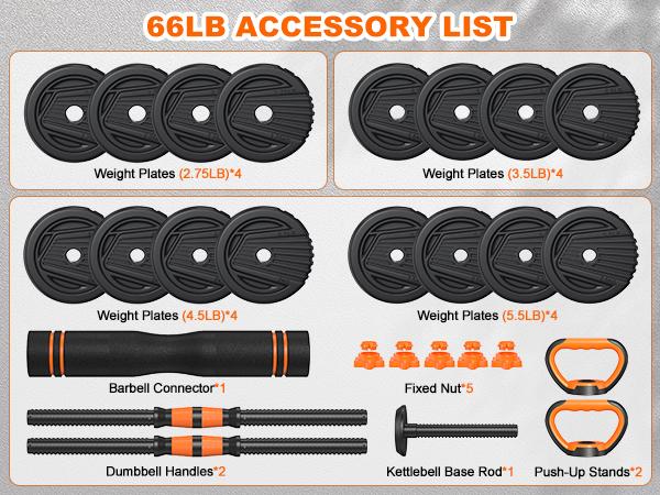 5 in 1 Adjustable Dumbbell set, 55/66/88lbs Weight Set for Home Workout,  Pesas Para Ejercicios en Casa Used as Barbell, Kettlebells, Push up Stand, Fitness Equipment for Home Gym Suitable Men/Women summervibes