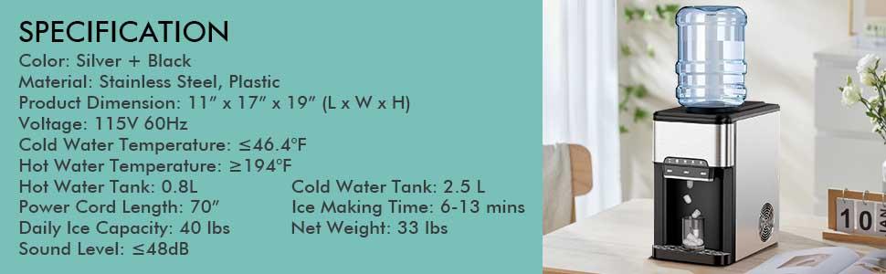 COSTWAY Countertop Water Cooler Dispenser with Ice Maker, 3 in 1 Top-Loading Hot & Cold Water Dispenser 5 Gallon, 48 LBS Daily-Ice, Portable Ice Cube Makers Machine for Home Kitchen Office Bar