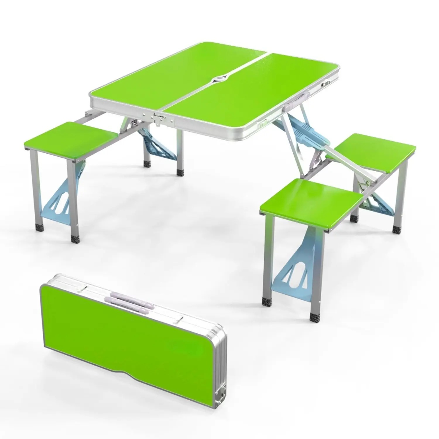 Mesa de picnic plegable portátil de 4 pies, mesa de camping, juego plegable con 4 asientos con orificio para sombrilla, mesa de tarjeta para maleta, soporte de 220 libras, marco de aluminio.
