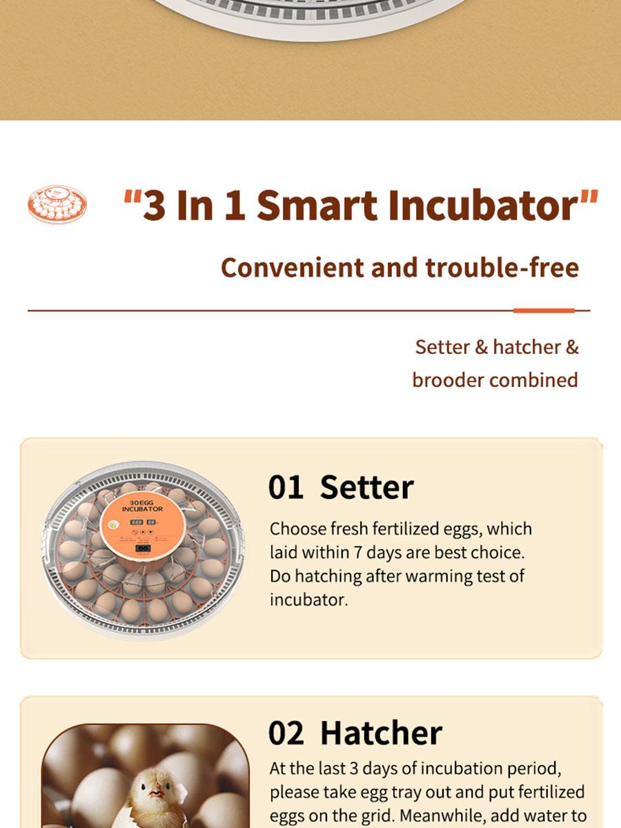 30 Egg Incubator with Automatic Turner, Digital Temperature and Humidity Display, and Built-in Egg Candler for Hatching Chickens, Quail, and Ducks